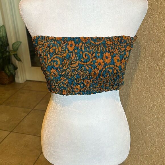 Raga Women's M Smocked Bandeau Tube Top Turquoise Brown Floral Boho Beach New - Picture 2 of 7